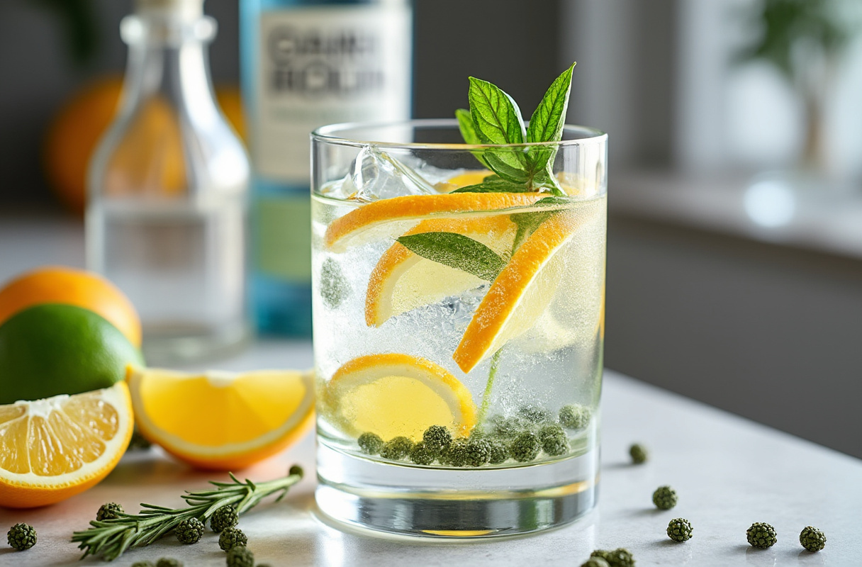 Gin Tonic mit Wacholder und Zitrus auf einer Bar