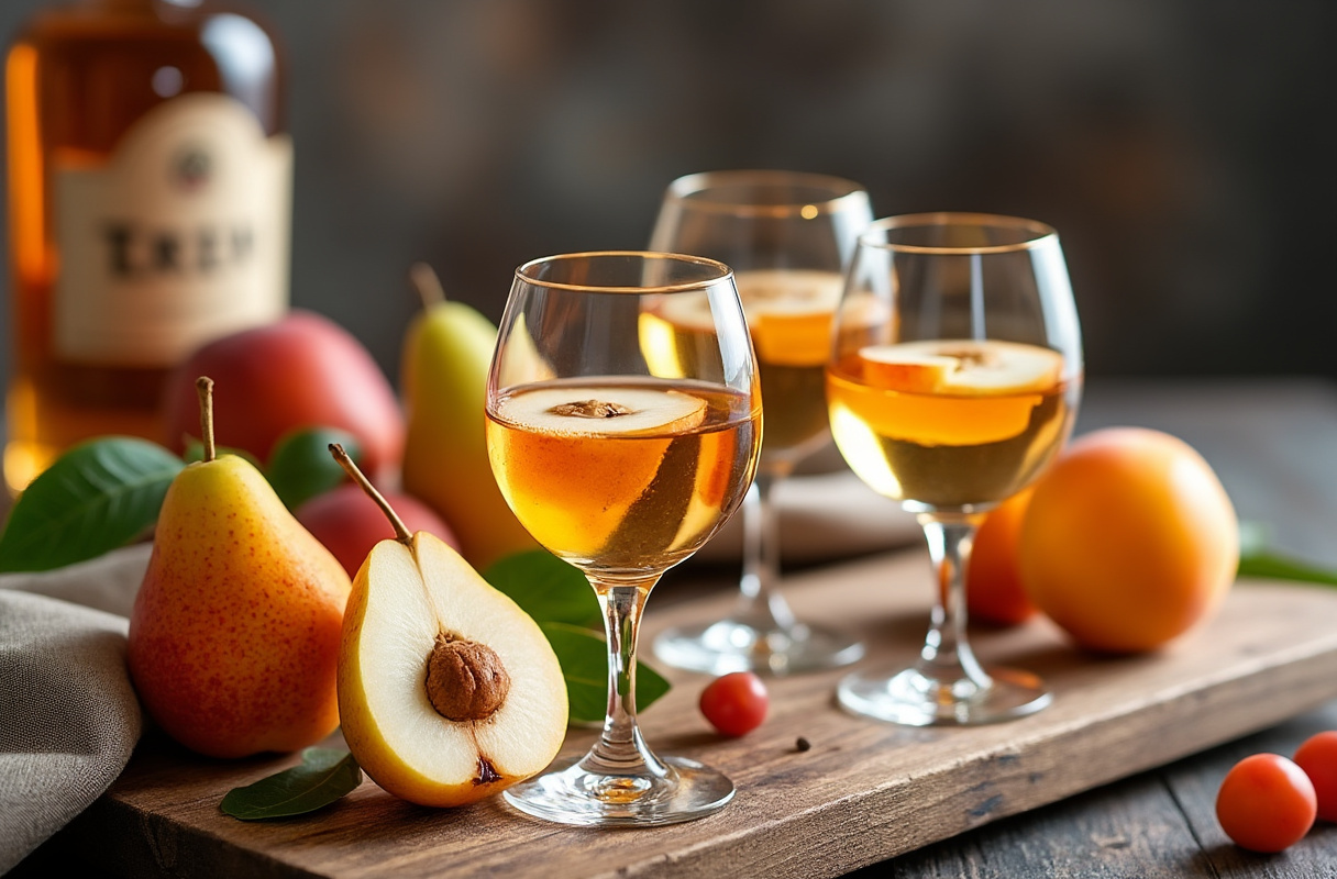 Obstbraende in Tasting-Glaesern mit frischen Fruechten