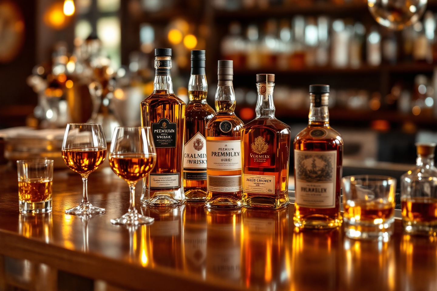 Spirituosenflaschen und Tasting-Glaeser auf einer Holzbar